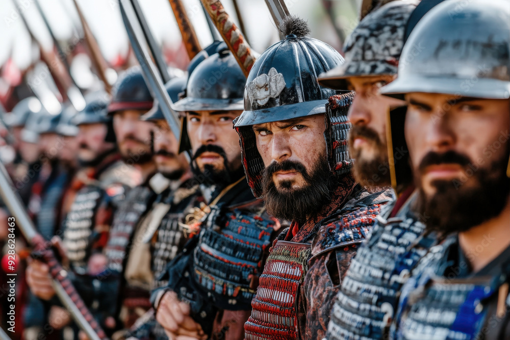 A resolute lineup of samurai warriors in traditional armor stands poised for battle with intense gazes, embodying strength, unity, and the warrior's honor code. A resolute lineup of samurai warriors in traditional armor stands poised for battle with intense gazes, embodying strength, unity, and the warrior's honor code.