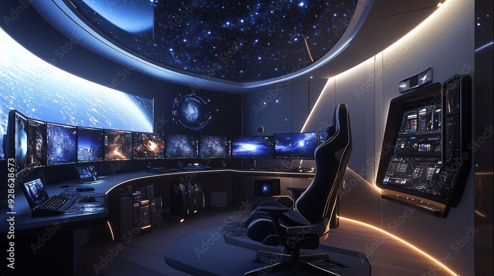 Sci-fi themed gaming room, futuristic gaming chair with LED accents ...