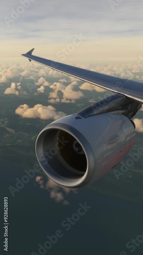 Window View in einer Passagiermaschine mit Blick auf das Triebwerk in Sonnenuntergangsstimmung