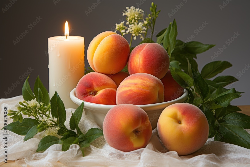 Mature sweet peaches and peach slices on a white background., generative IA Mature sweet peaches and peach slices on a white background., generative IA