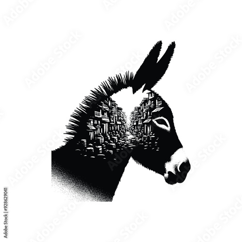 silhouette of Donkey filled with ghetto street in rough drawing,