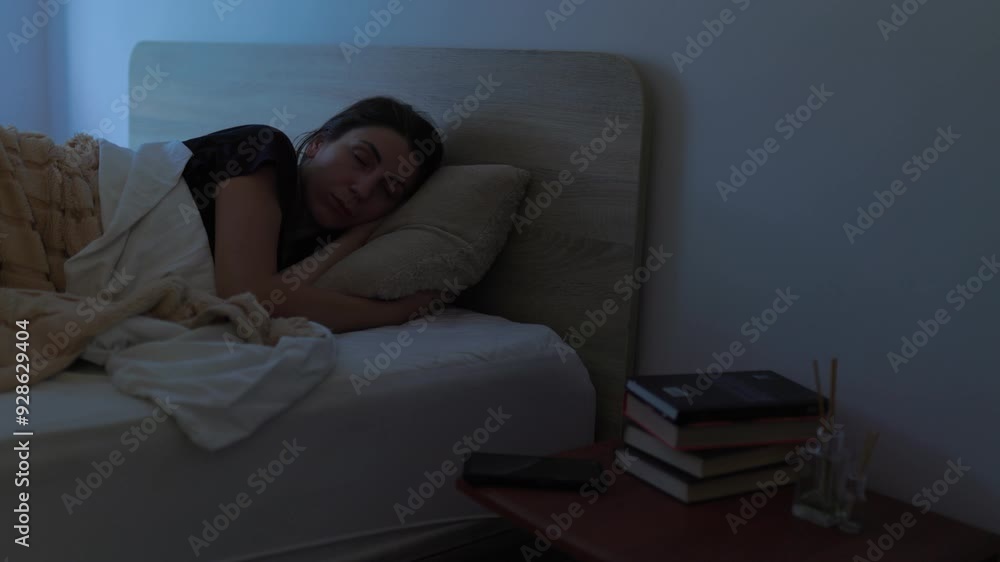 Tired Woman Puts Down Mobile Phone and Attempts to Sleep in Dark Bedroom Tired Woman Puts Down Mobile Phone and Attempts to Sleep in Dark Bedroom