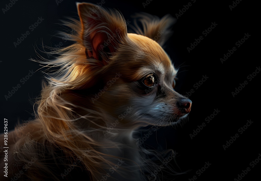 A small, long-haired chihuahua dog looking to the right against a dark background. The dog has tan and white fur and its hair is slightly ruffled. A small, long-haired chihuahua dog looking to the right against a dark background. The dog has tan and white fur and its hair is slightly ruffled.