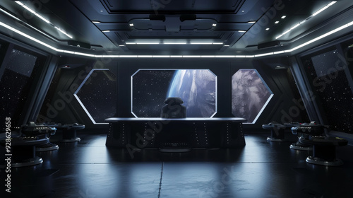 Fototapeta Naklejka Na Ścianę i Meble -  Spacious room in dark colors in a space station with large windows. Science concept.