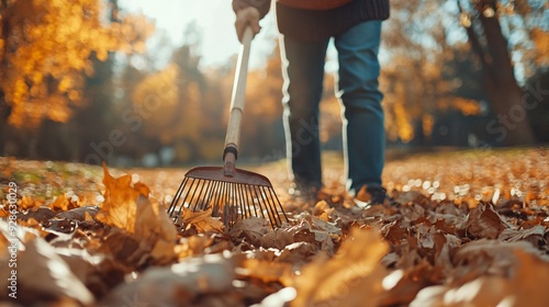 Autumn Day: Person Raking Dry Leaves Outdoors Closeup