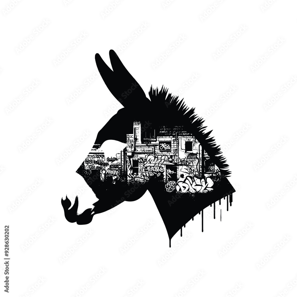 silhouette of Donkey filled with graffiti street wall in rough drawing, silhouette of Donkey filled with graffiti street wall in rough drawing,