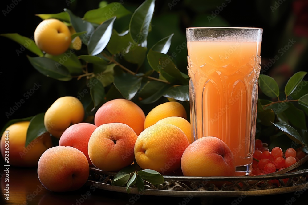 Natural peach juice and leaf arrangement, generative IA Natural peach juice and leaf arrangement, generative IA