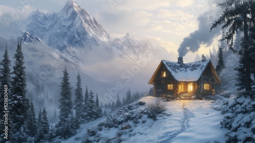 Wallpaper Mural Cozy wooden cabin in snowy mountain landscape during winter evening Torontodigital.ca
