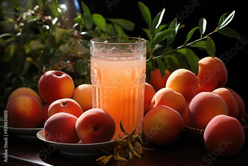 Natural peach juice and leaf arrangement, generative IA photo