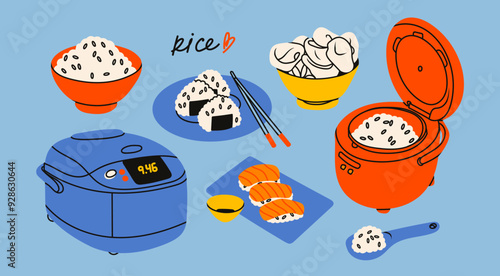 Rice meals. Bowl with rice, onigiri, rice chips, nigiri sushi, soy sauce, chopsticks, rice cooker. Tasty asian food concept. Hand drawn modern Vector illustration. Isolated design elements