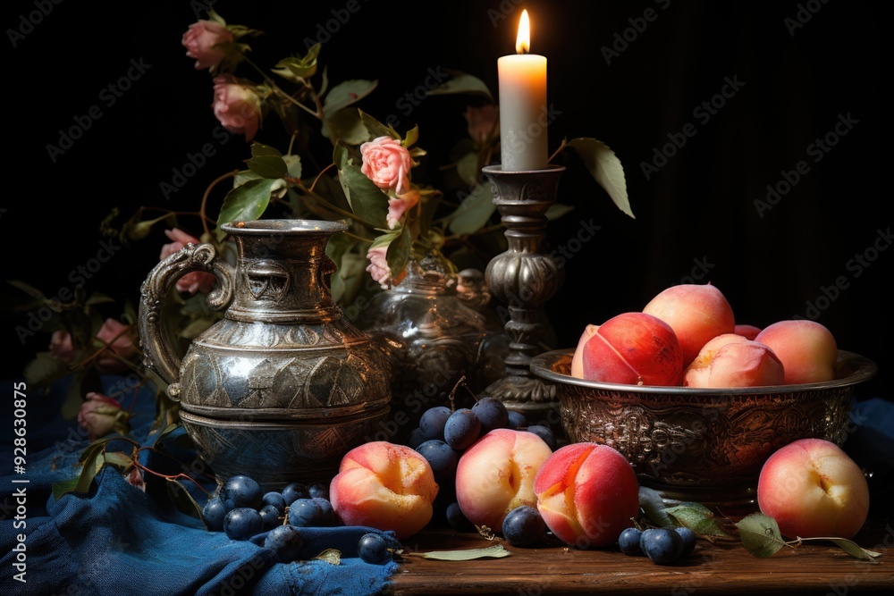 A painting of peaches and blueberries, generative IA A painting of peaches and blueberries, generative IA