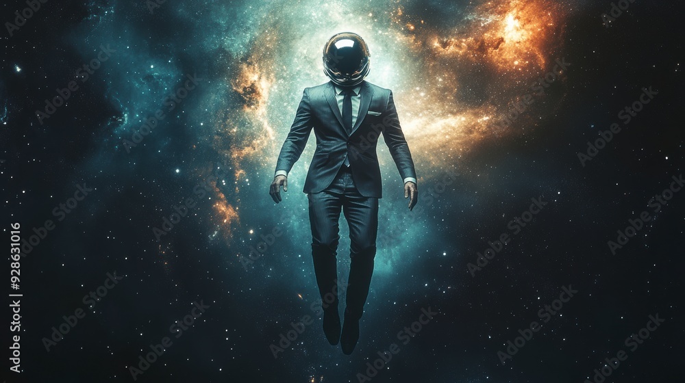 Businessman wearing a spacesuit floating in outer space Businessman wearing a spacesuit floating in outer space