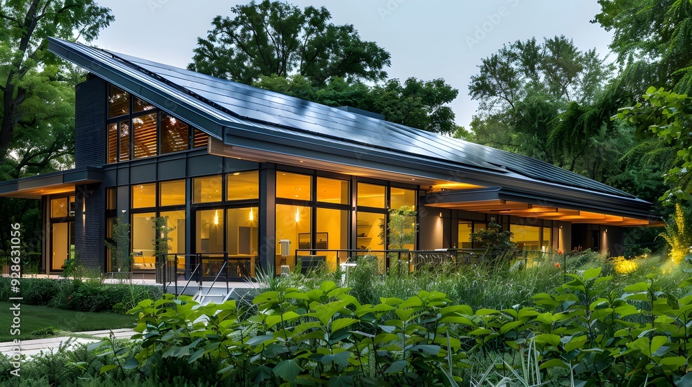 Modern eco-friendly house with solar panels surrounded by lush greenery Modern eco-friendly house with solar panels surrounded by lush greenery