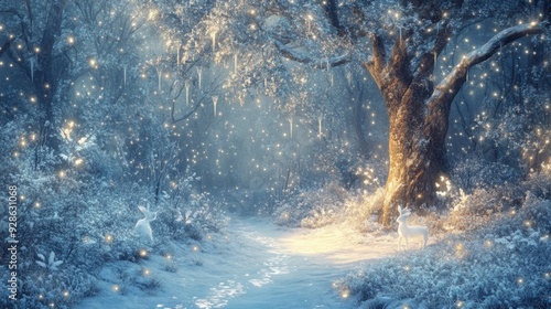 Wallpaper Mural Enchanted winter forest with glowing lights and snow-covered trees. Torontodigital.ca