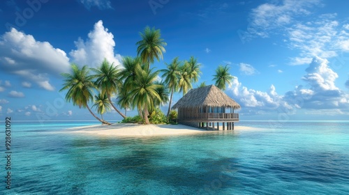 beautiful beach view with tropical island, thatched hut, and palm trees