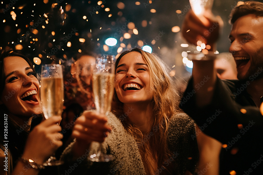 Obraz premium AI generated photo of beautiful young people celebrating New Year's Eve with champagne and confetti. Festive sparkle New year's party