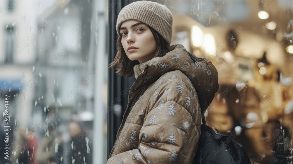Young woman in winter coat looking out of rainy window. Young woman in winter coat looking out of rainy window.