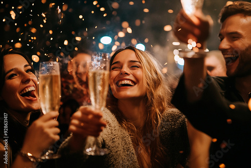 AI generated photo of beautiful young people celebrating New Year's Eve with champagne and confetti. Festive sparkle New year's party