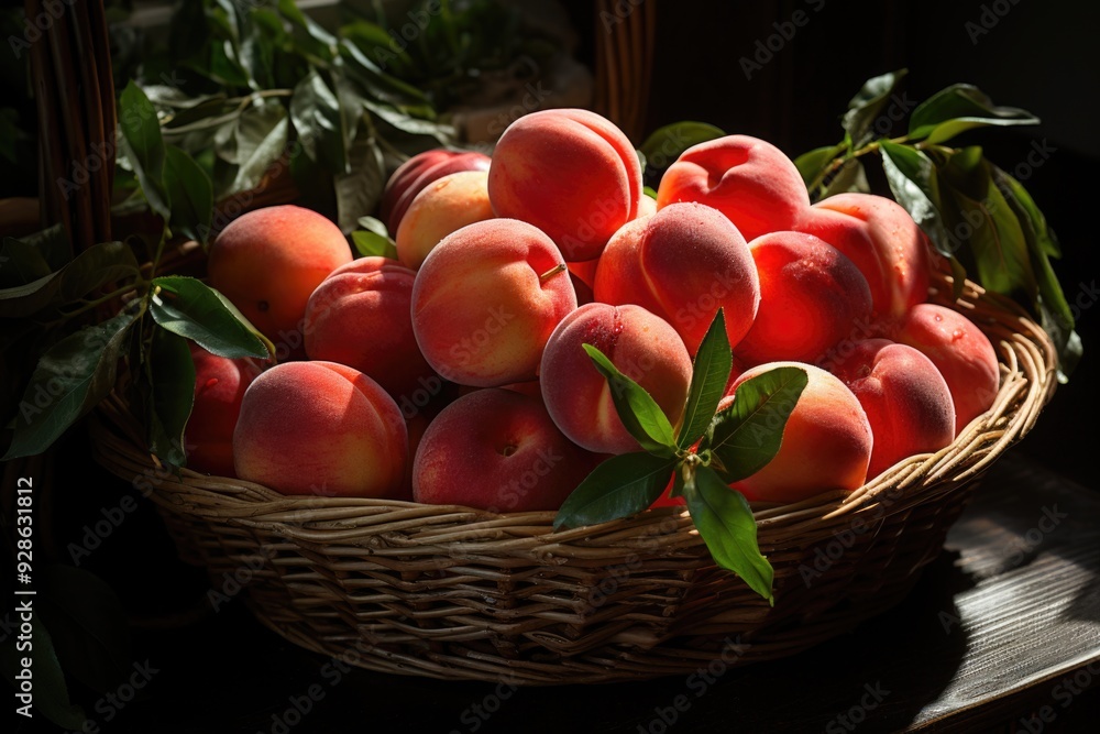 Superior view of fresh and ripe peaches with fruits in a basket, generative IA Superior view of fresh and ripe peaches with fruits in a basket, generative IA