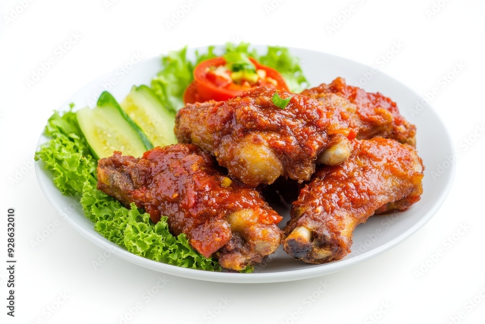 Chicken with Garlic Sambal, In this variation, the fried chicken is served with sambal bawang, a chili paste made with garlic, providing a pungent and spicy kick. isolated on white background Chicken with Garlic Sambal, In this variation, the fried chicken is served with sambal bawang, a chili paste made with garlic, providing a pungent and spicy kick. isolated on white background