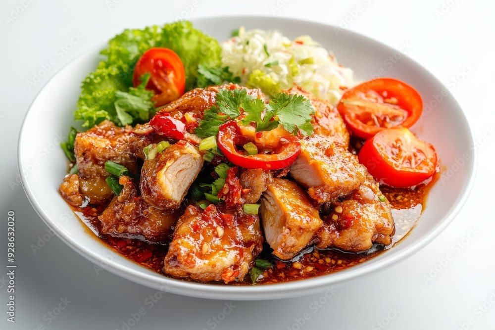 Chicken with Garlic Sambal, In this variation, the fried chicken is served with sambal bawang, a chili paste made with garlic, providing a pungent and spicy kick. isolated on white background Chicken with Garlic Sambal, In this variation, the fried chicken is served with sambal bawang, a chili paste made with garlic, providing a pungent and spicy kick. isolated on white background