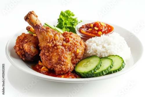 Chicken with Garlic Sambal, In this variation, the fried chicken is served with sambal bawang, a chili paste made with garlic, providing a pungent and spicy kick. isolated on white background photo