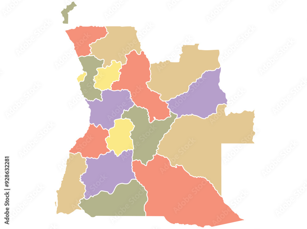 Obraz premium Map of Angola by region in different colors.