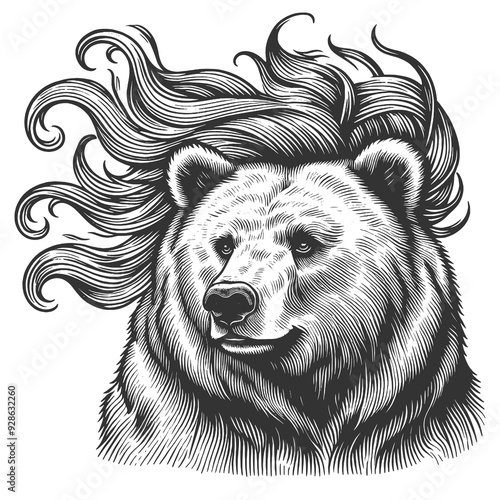 majestic bear with flowing female hair fur, capturing a noble and powerful presence sketch engraving generative ai raster illustration. Scratch board imitation. Black and white image. photo