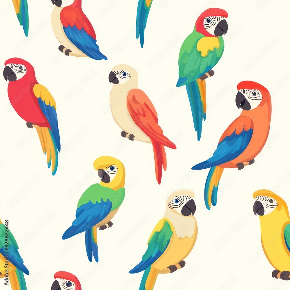 A colorful pattern of various cartoon parrots on a light background. A colorful pattern of various cartoon parrots on a light background.