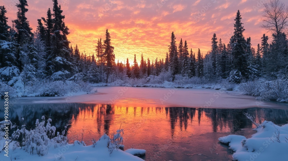 Fototapeta premium A serene winter landscape at sunset, featuring a frozen lake and snow-covered trees.