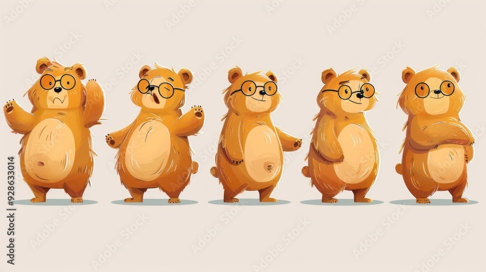 A series of cute, cartoonish bears showcasing different poses and expressions. A series of cute, cartoonish bears showcasing different poses and expressions.