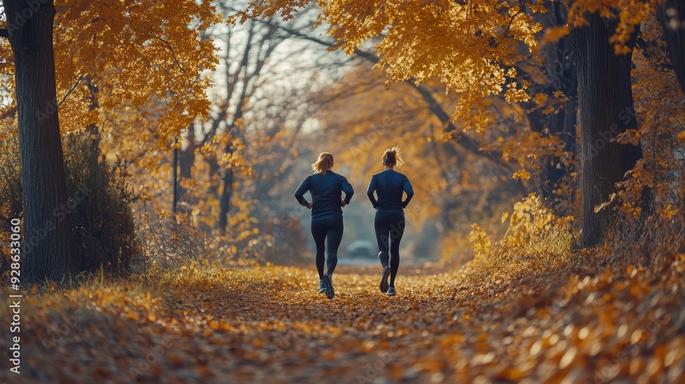 Two women jogging in autumn park enjoying healthy lifestyle Two women jogging in autumn park enjoying healthy lifestyle