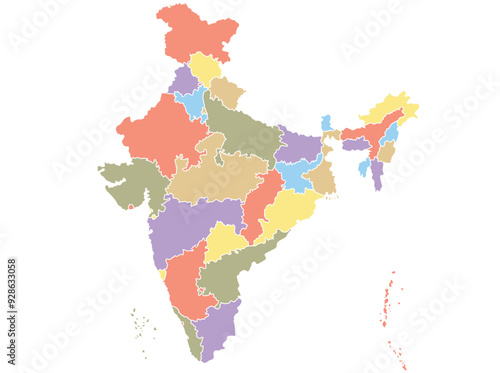 Map of India by region in different colors.