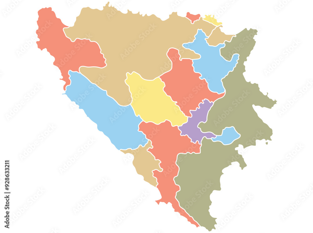 Map of Bosnia and Herzegovina by region in different colors. Map of Bosnia and Herzegovina by region in different colors.