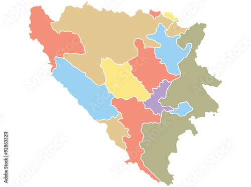 Map of Bosnia and Herzegovina by region in different colors.