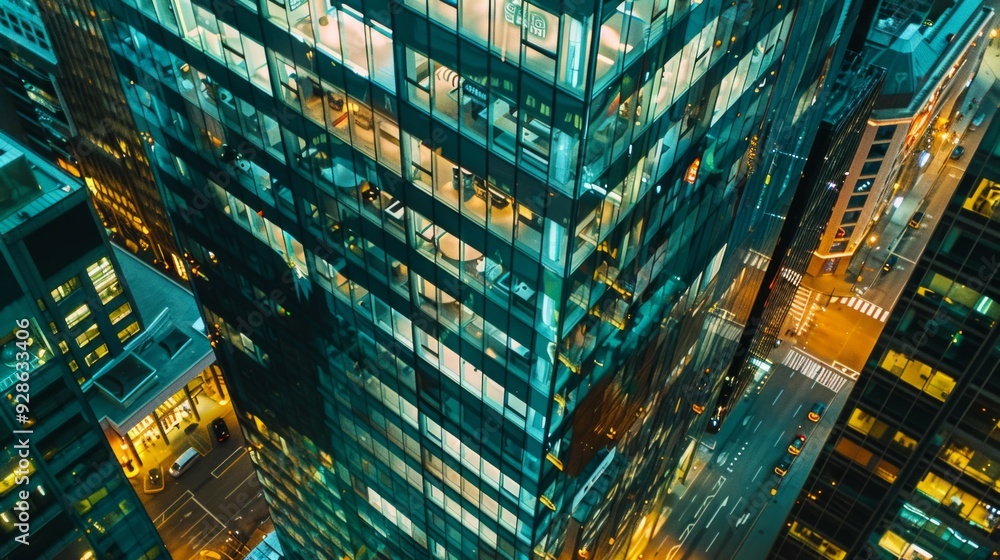 office building in the financial center shot from above, the glass curtain wall is full of texture office building in the financial center shot from above, the glass curtain wall is full of texture