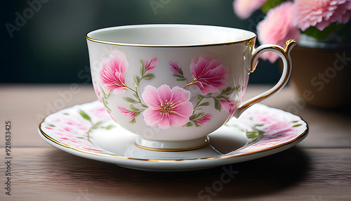 white tea cup pink floral patterns resting matching saucer