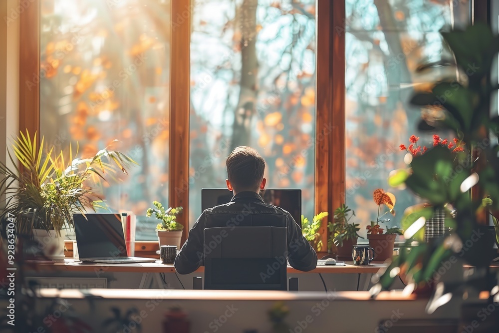 A man working intently at his computer in a well-lit room filled with plants, capturing the serenity of a work-from-home environment among nature. A man working intently at his computer in a well-lit room filled with plants, capturing the serenity of a work-from-home environment among nature.