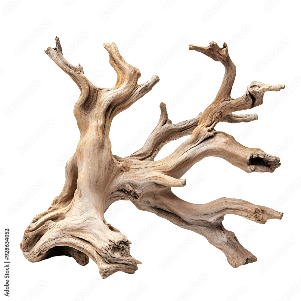 Fototapeta premium Unique driftwood piece showcasing intricate textures and natural beauty, isolated on a white or transparent background