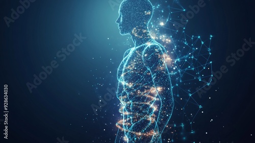 human abstract figure standing made entirely of dna strands and amino acids glitch effect, blue and white color