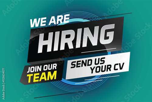 Hiring recruitment design for banner poster. We are hiring lettering with geometric shapes lines. Vector illustration typographic. Open vacancy design template

