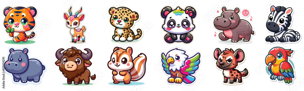 Obraz premium Set of Cute cartoon animals with big eyes colorful background perfect for children's stickers or art