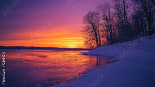 A serene winter landscape at sunset, featuring icy water and silhouetted trees.