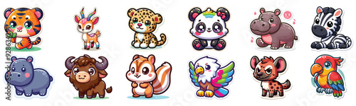 Set of Cute cartoon animals with big eyes colorful background perfect for children's stickers or art