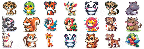 Set of Cute Cartoon Animal Character Stickers Colorful Lineup Collection, Perfect for Kids' Decor and Crafts