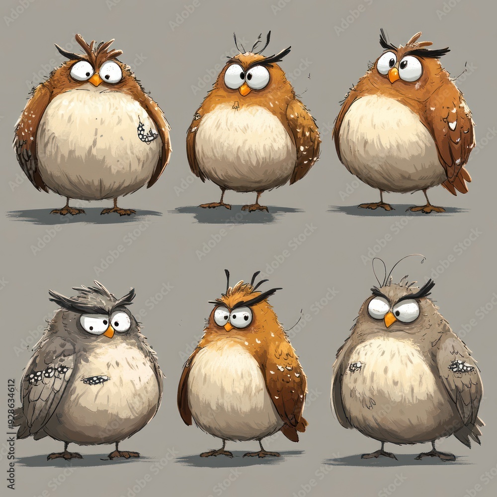 Fototapeta premium A collection of cartoon-style owls with various expressions and colors.