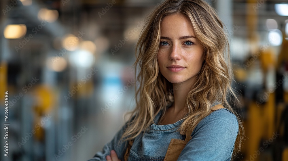 Fototapeta premium female leader CEO in heavy industry manufacturing overseeing a modern industrial factory with robotics and automation female warehouse manager