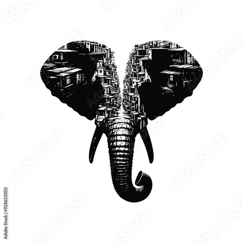 silhouette of Elephant filled with ghetto street in rough drawing,