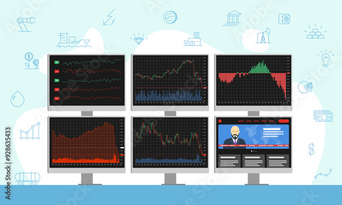 Stock market trader multiple computer monitors with moving down financial charts and news. Business analysis downtrend graphs. Broker exchange trading workplace. Financial index diagrams falling. Eps