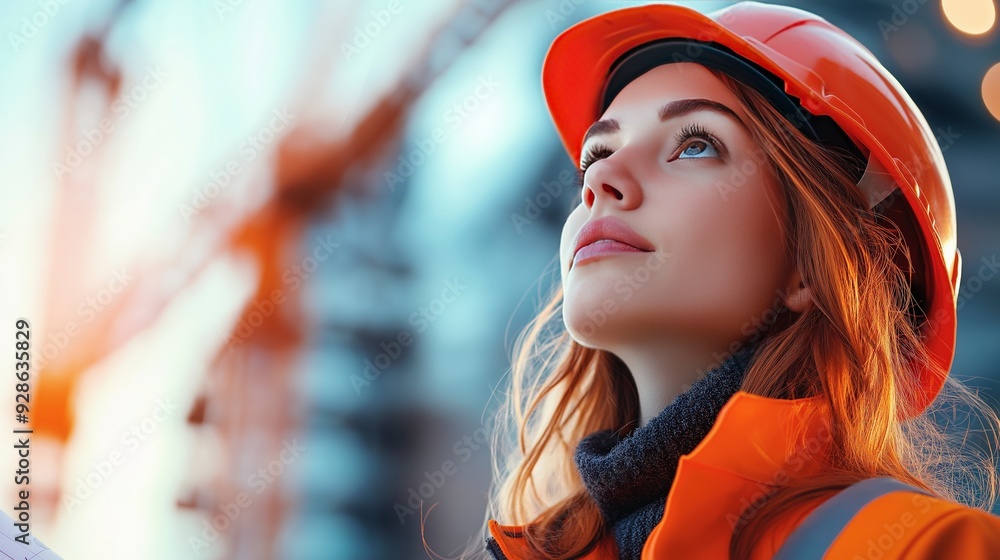 A young female construction worker wearing an orange hard hat, looking up with a hopeful expression. A young female construction worker wearing an orange hard hat, looking up with a hopeful expression.